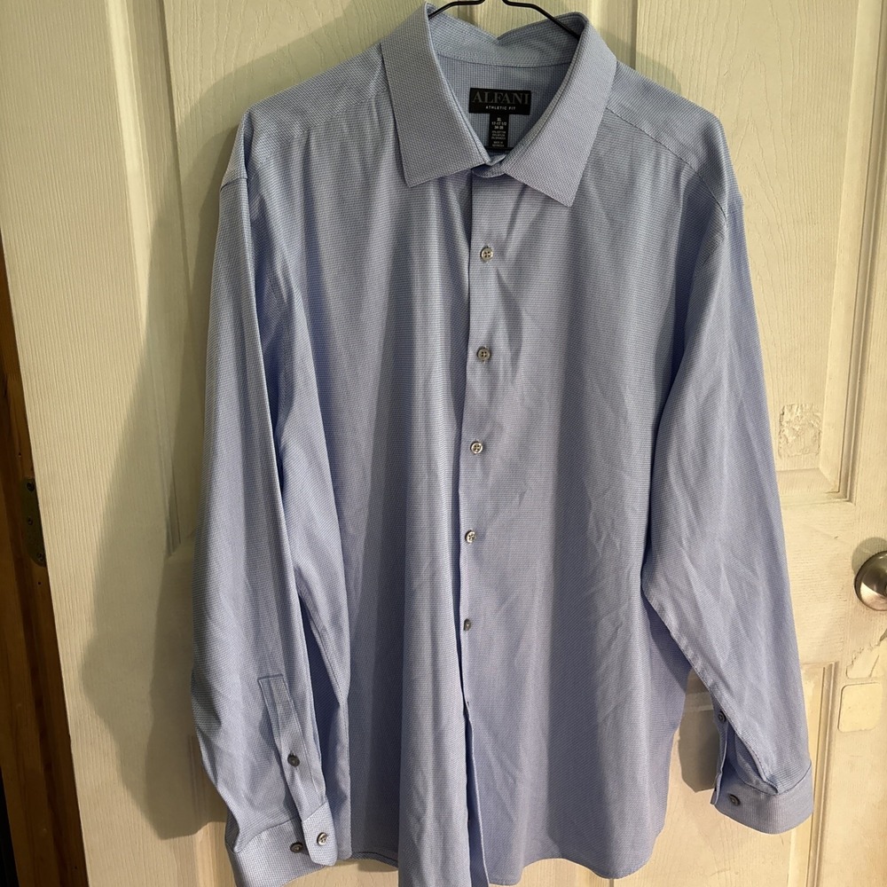 Alfani Mens Athletic Fit Button Up Dress Shirt XL 17-17.5 Blue